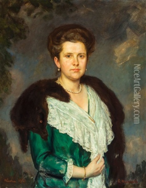 Portrait Der Margarete Moras Im Eleganten Kleid Mit Fuchsstola, Perlenkette Und Ohrschmuck Oil Painting - Oskar Michaelis