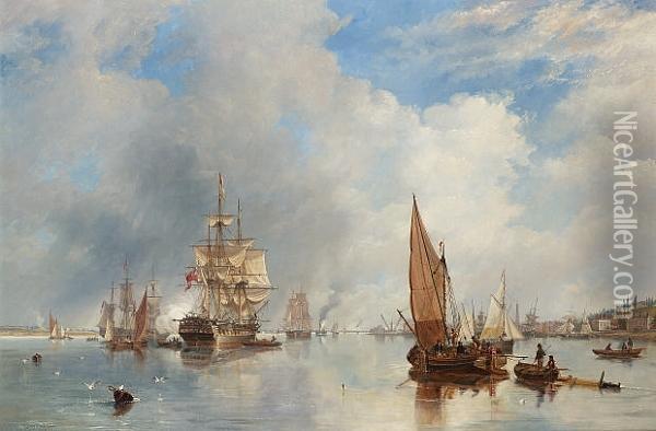 On The Thames At Woolwich, With The 'buckinghamshire' Indiaman Going Down The River Oil Painting - John Wilson Carmichael