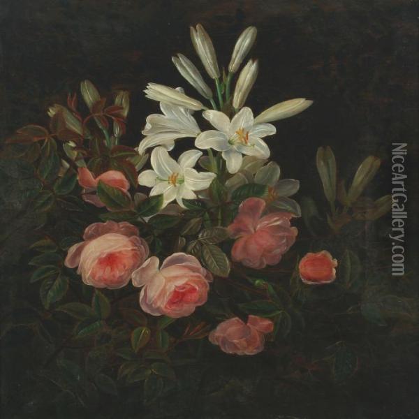 Roses And Lilies Oil Painting - I.L. Jensen