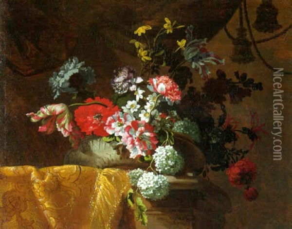 Flowers In An Urn On A Draped Stone Ledge Oil Painting - Jean-Baptiste Monnoyer
