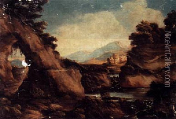 A Mountainous Landscape With A Waterfall Oil Painting - Marco Ricci