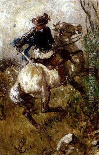Schlachtengemalde, In Nahansicht Reiter Mit Gezucktem Schwert Oil Painting - Wilhelm Karl Raeuber