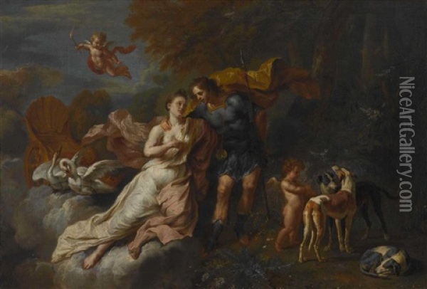 Venus Und Adonis - Im Baumschatten Lagernd, Versucht Venus, Durch Eine Erzahlung Ihren Geliebten Vom Jagen Abzuhalten Oil Painting - Kaspar Jacob Opstal the Younger