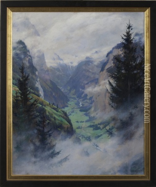 Mountainous Landscape With Valley And Waterfall Oil Painting - Charles Courtney Curran