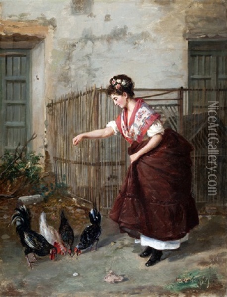 Mujer Alimentando Gallinas Oil Painting - Carlos Morel