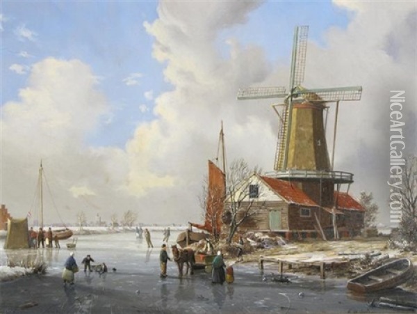 Winter Scene By A Windmill Oil Painting - A. de Groote