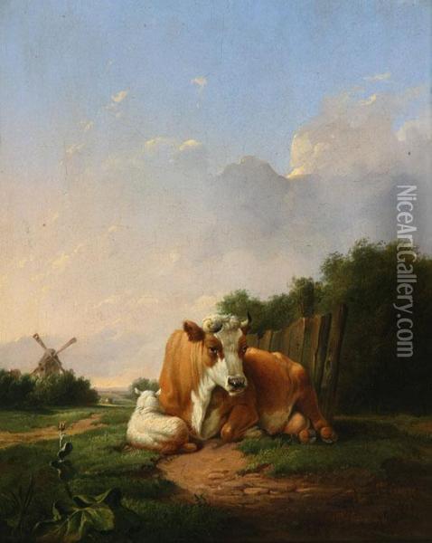 Cow And Sheep Resting In A Landscape With Windmill Oil Painting - Eugene Joseph Verboeckhoven