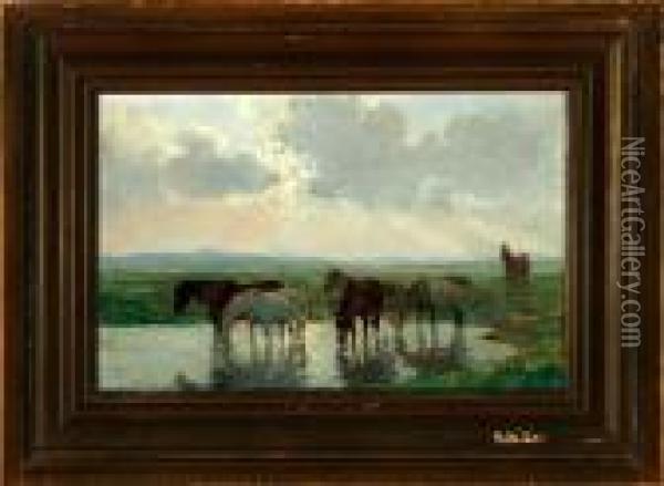 A Herd Of Horses Are Drinking At A Small Pond Oil Painting - Otto Bache