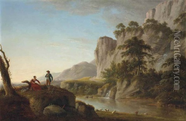 A Pastoral River Landscape With An Elegant Couple Conversing Oil Painting - Anthony Devis