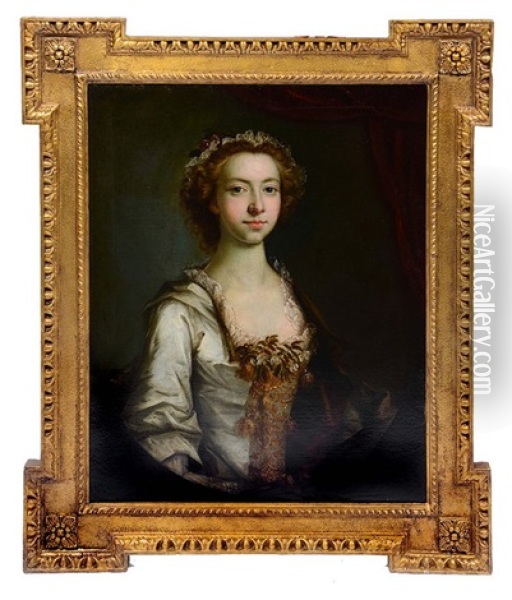 Portrait Of A Lady With Brown Curly Hair Wearing A Lace Trimmed Headdress Oil Painting - Thomas Hudson