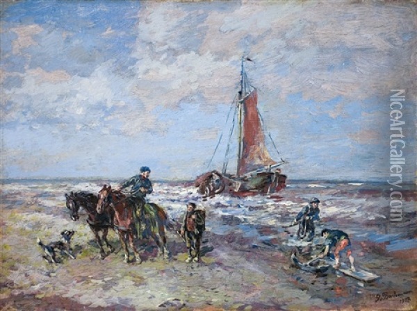 Strandszene Mit Reiter Und Segelschiff Oil Painting - Gregor von Bochmann the Elder