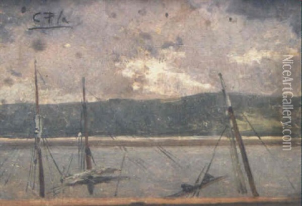 Apunte De Mastles De Barco, Velas Y Playa Oil Painting - Cecilio Pla