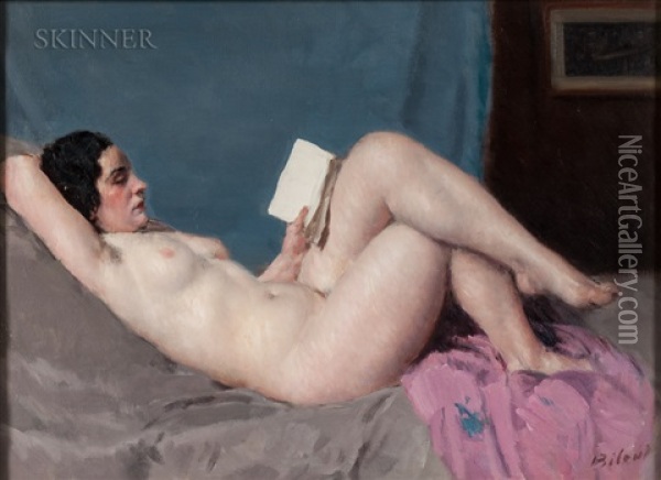 Reclining Nude With Book Oil Painting - Louis Francois Biloul