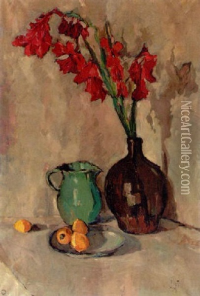 A Still Life With Amaryllis In A Glass Vase, A Green Jar And Lemons On A Plate Oil Painting - Dick Ket