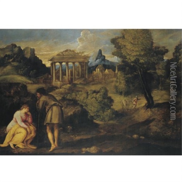 Landscape With Figures, Possibly The Journey To Bethlehem Oil Painting - Giovanni Battista Franco