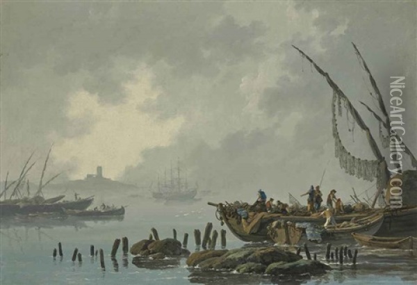 Les Rives Du Tage, Effet De Brume Oil Painting - Jean Baptiste Pillement