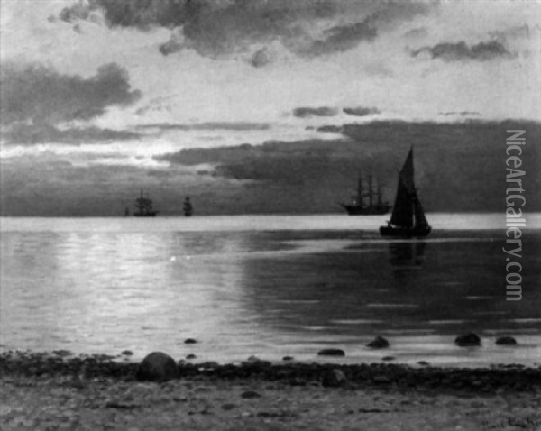Meeresufer Mit Seglern / A Sunset Sail Oil Painting - Carl Ludvig Thilson Locher