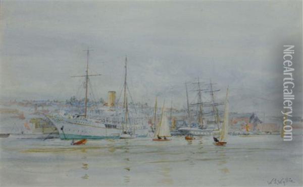 The Medina River At Cowes In The 1920's With The Steam Yacht
'liberty' And Tall Ship 'fantome' Docked At The Harbour Oil Painting - William Lionel Wyllie