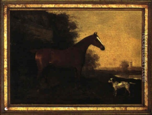 A Bay Hunter In A River Landscape With A Dog Oil Painting - Henry Bernard Chalon