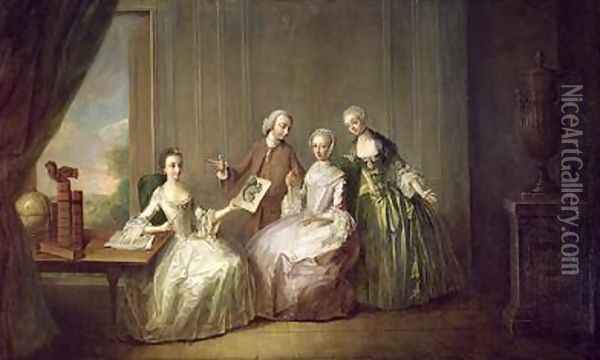 Family in an Interior with Squirrels possibly the Burton Family from Eltham Kent 1755-60 Oil Painting - Philipe Mercier