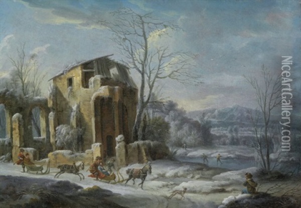 Winterlandschaft Mit Ruine Und Pferdeschlitten Oil Painting - Thomas Wijck