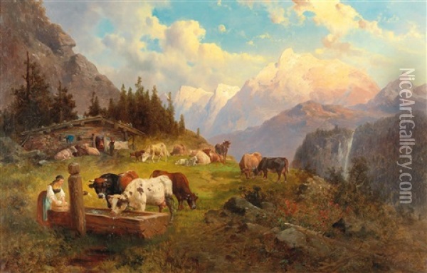 On The Mountain Pasture Oil Painting - Josef Thoma the Younger