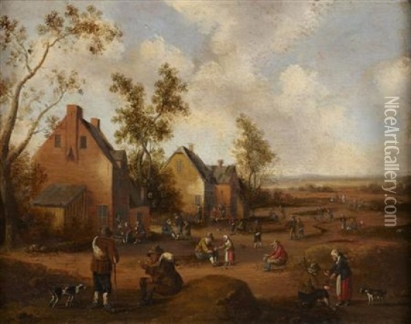 Figures And Animals On The Outskirts Of A Village Oil Painting - Cornelis Droochsloot