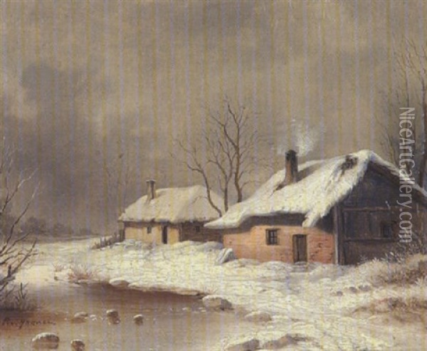 Zwei Bauernkaten In Winterlandschaft Oil Painting - Remigius Adrianus van Haanen