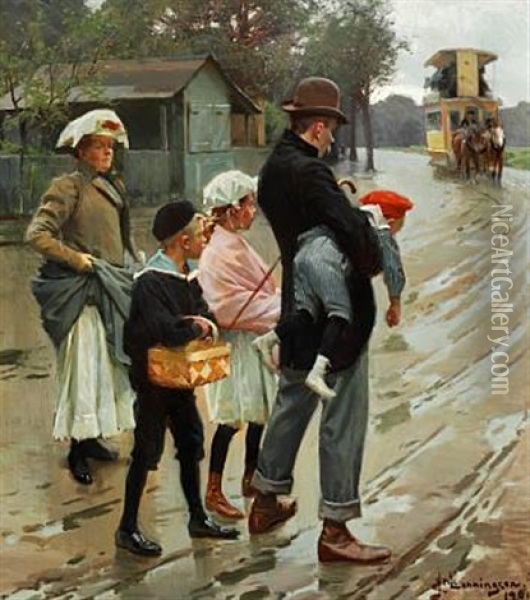 On The Way To The Streetcar Oil Painting - Erik Ludwig Henningsen
