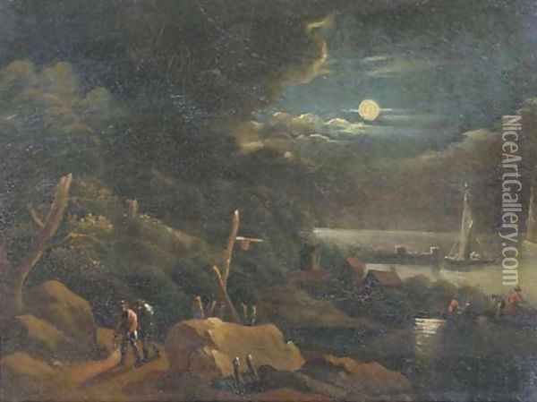 A coastal landscape by moonlight with travellers on a path and figures in a rowing boat Oil Painting - Pieter Bout