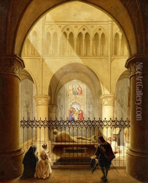 Vor Dem Grabmal Johann Ii. Von Brabant In Der Kathedrale St. Gudula In Brussel Oil Painting - Karl Sturmer