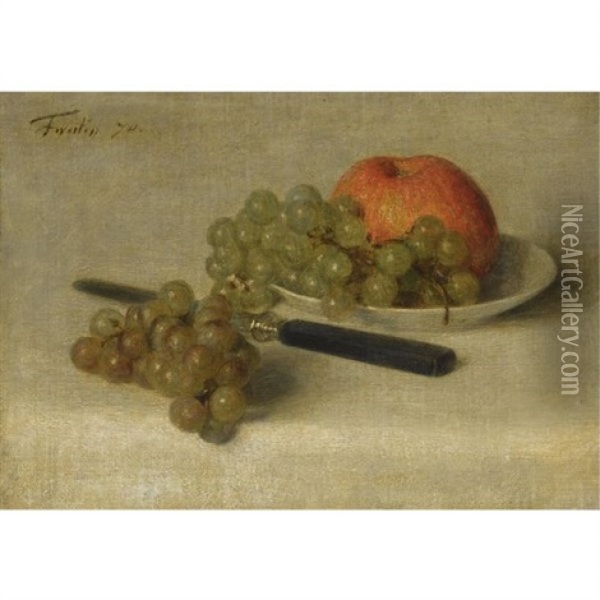 A Still Life With An Apple And Grapes Oil Painting - Henri Fantin-Latour