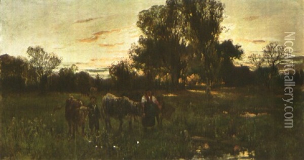 Zwei Hirten Fuhren Bei Sonnenaufgang Ihre Rinder Zur Tranke Oil Painting - Hermann Baisch