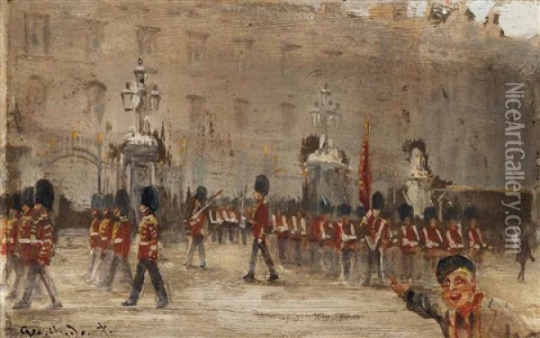 Changing The Guard, Buckingham Palace, London Oil Painting - George Hyde Pownall