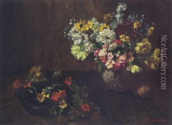 Stilleben Mit Sommerblumenstraus Und Fruchten Oil Painting - Edomond Alphonse Charles Lambrichs