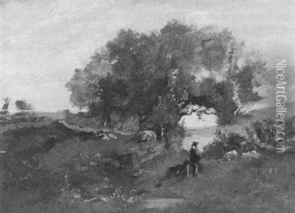 A Shepherd In A Landscape Oil Painting - Charles Francois Daubigny