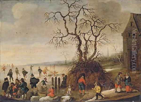 A frozen winter landscape with skaters Oil Painting - Frans de Momper