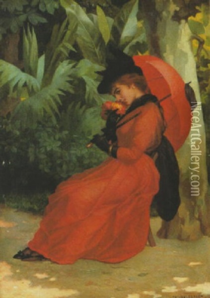 Jeune Femme En Robe Rouge Oil Painting - Louis Stanislas Faivre-Duffer