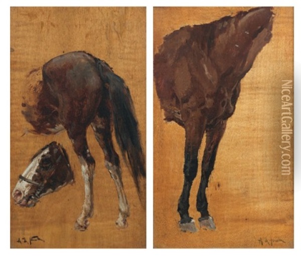 Chevaux (study; Pair) Oil Painting - Alphonse Marie de Neuville