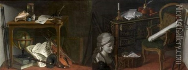 Objets De Curiosite Disposes Sur Une Table Qui Surmonte Une Mappemonde Et Des Instruments De Musique (+ Buste De Femme Et Panier D Osier Rempli De Feuilles De Musique Disposes Pres D'un Bureau En Marqueterie; Pair) Oil Painting - Nicolas Henry Jeaurat De Bertry