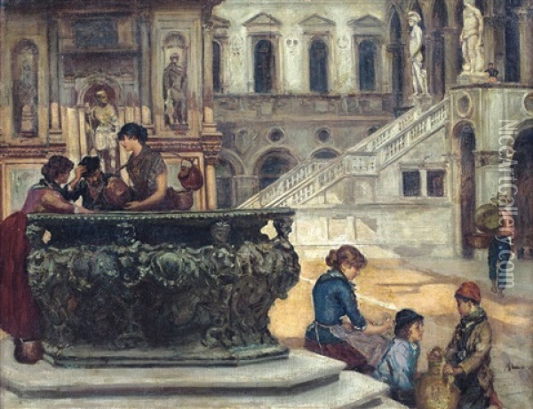 Scena Di Vita Nel Cortile Del Palazzo Ducale Oil Painting - Francesco Saverio Altamura