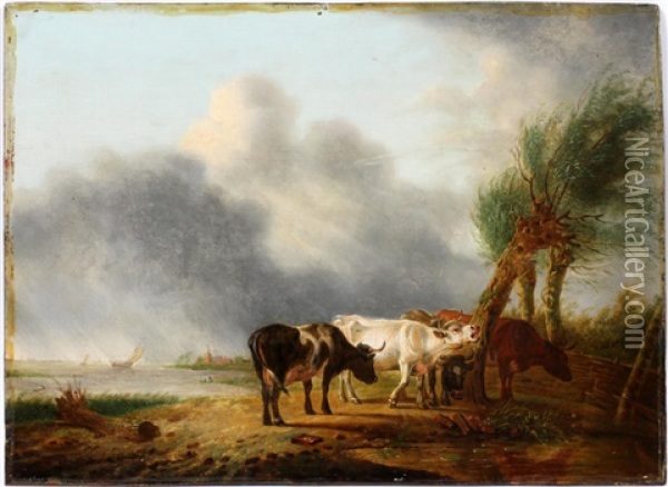 Landscape With Cattle Oil Painting - Jan Kobell