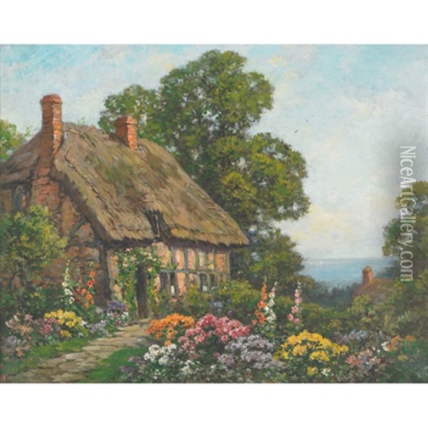 Thatched Tudor Seaside Cottage And Summer Garden Oil Painting - Thomas Edwin Mostyn