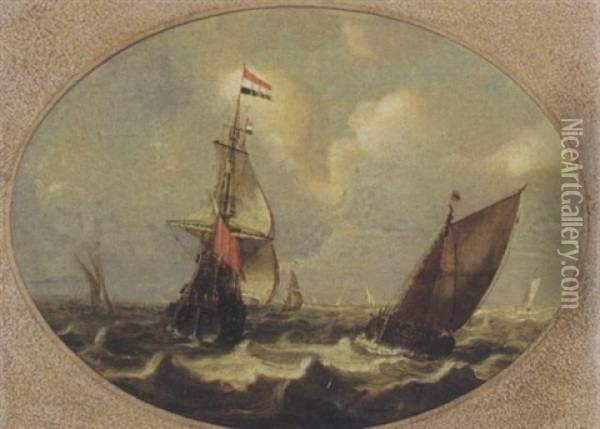 A Dutch Man-of-war And Other Ships In Choppy Waters Oil Painting - Jan Porcellis