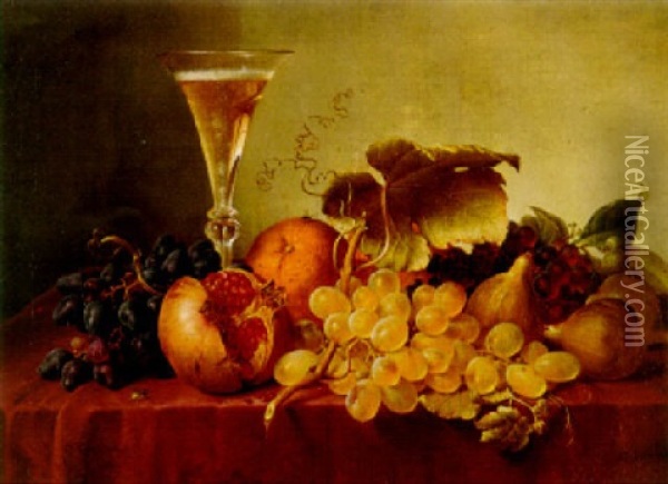 Still Life Of Fruit With A Flute Of Champagne Oil Painting - Johann Wilhelm Preyer