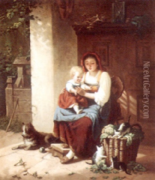 Exterior Med Kvinde Og Barn, Der Betragter Legende Kattekillinger Oil Painting - Platt Powell Ryder