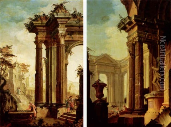 Architectural Capriccio With Figures Oil Painting - Giovanni Paolo Panini