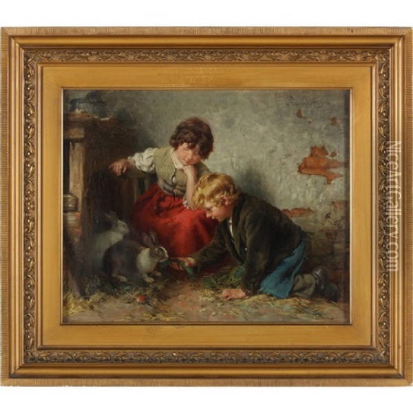 Children Feeding Rabbits Oil Painting - Felix Schlesinger