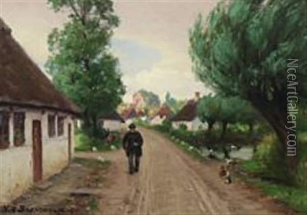 Village Street With Man And Ducks By The Pond Oil Painting - Hans Andersen Brendekilde