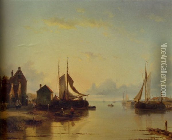 View Of A Small Fishing-port At Dusk Oil Painting - Jacques Francois Carabain